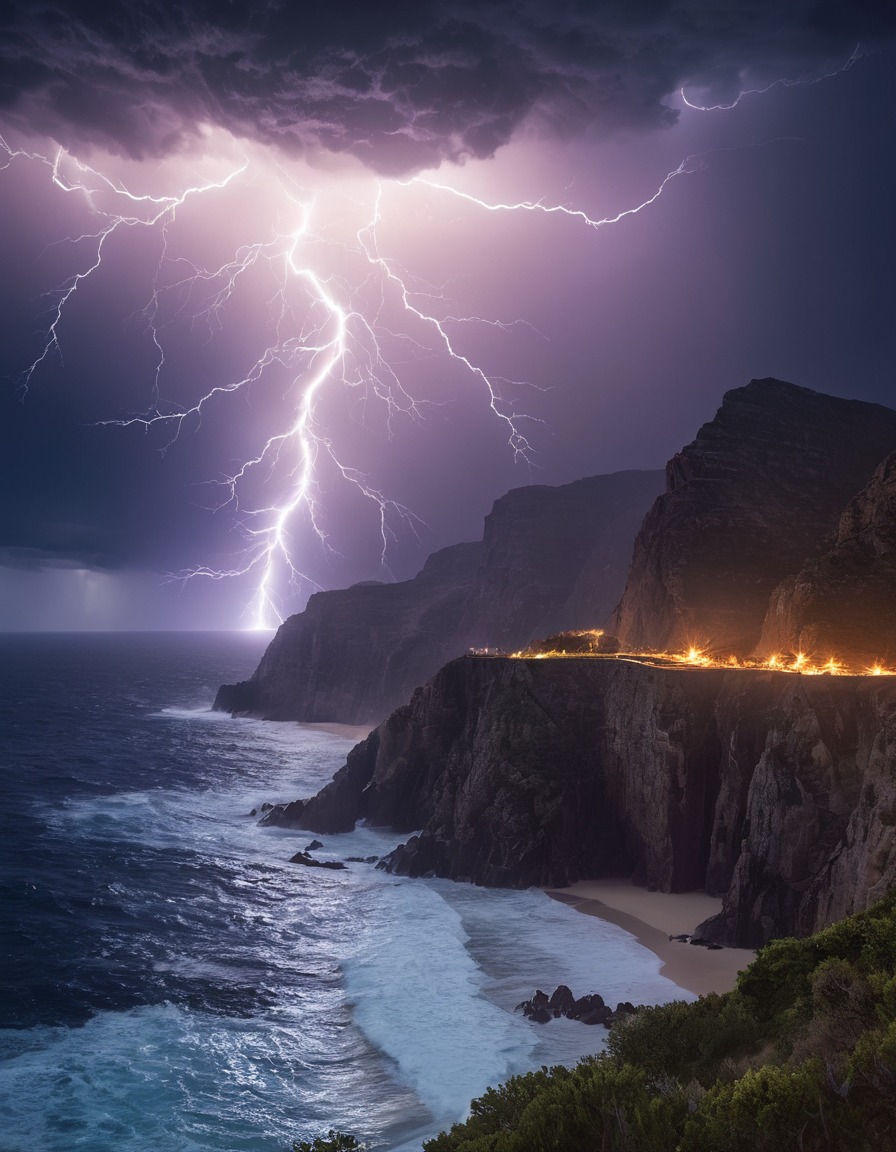 lightning storm, night sky, rugged coastline, natural beauty, nature