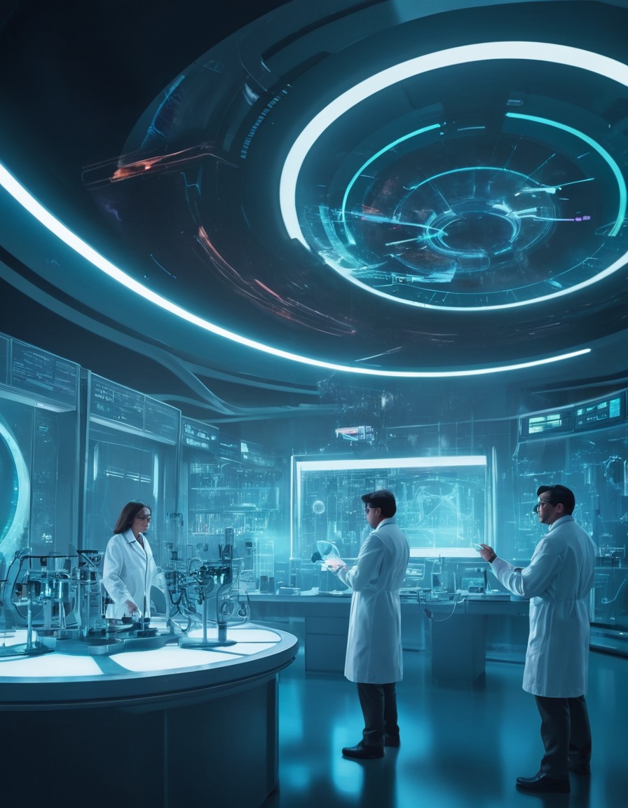 futuristic, laboratory, scientists, teleportation technology, experiments, future