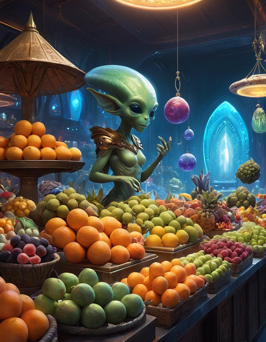 alien market, exotic fruits, glowing crystals, peculiar artifacts, outer space, intergalactic trade, extraterrestrial, aliens