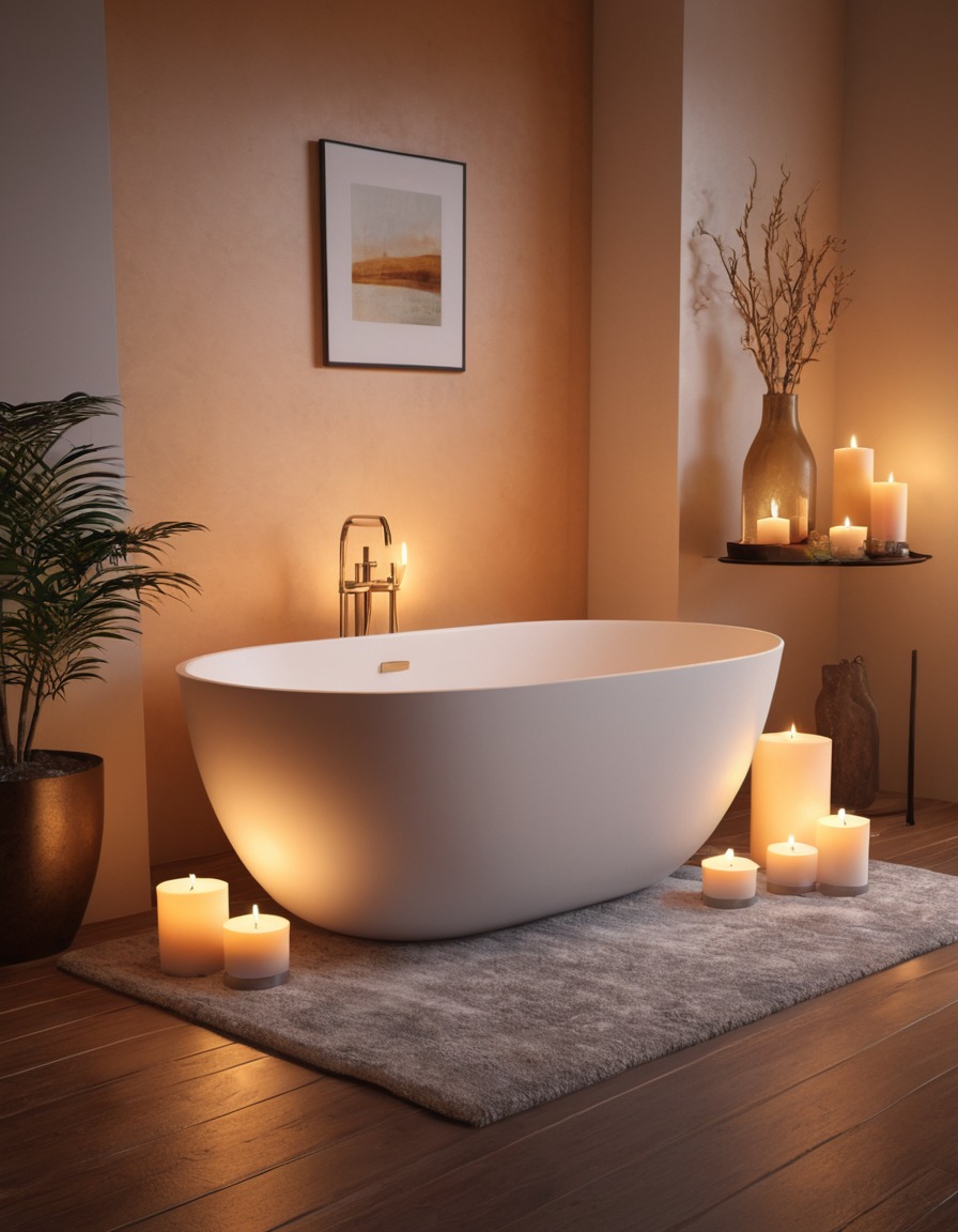 bathroom, freestanding bathtub, candles, cozy, home, interior