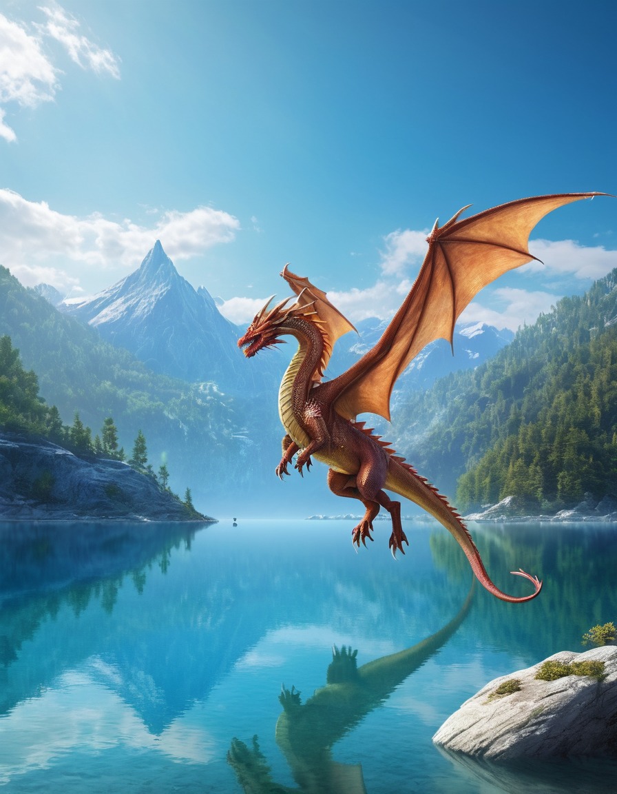 dragon, majestic, crystal lake, fantasy, flying, mythical creature, scenic beauty