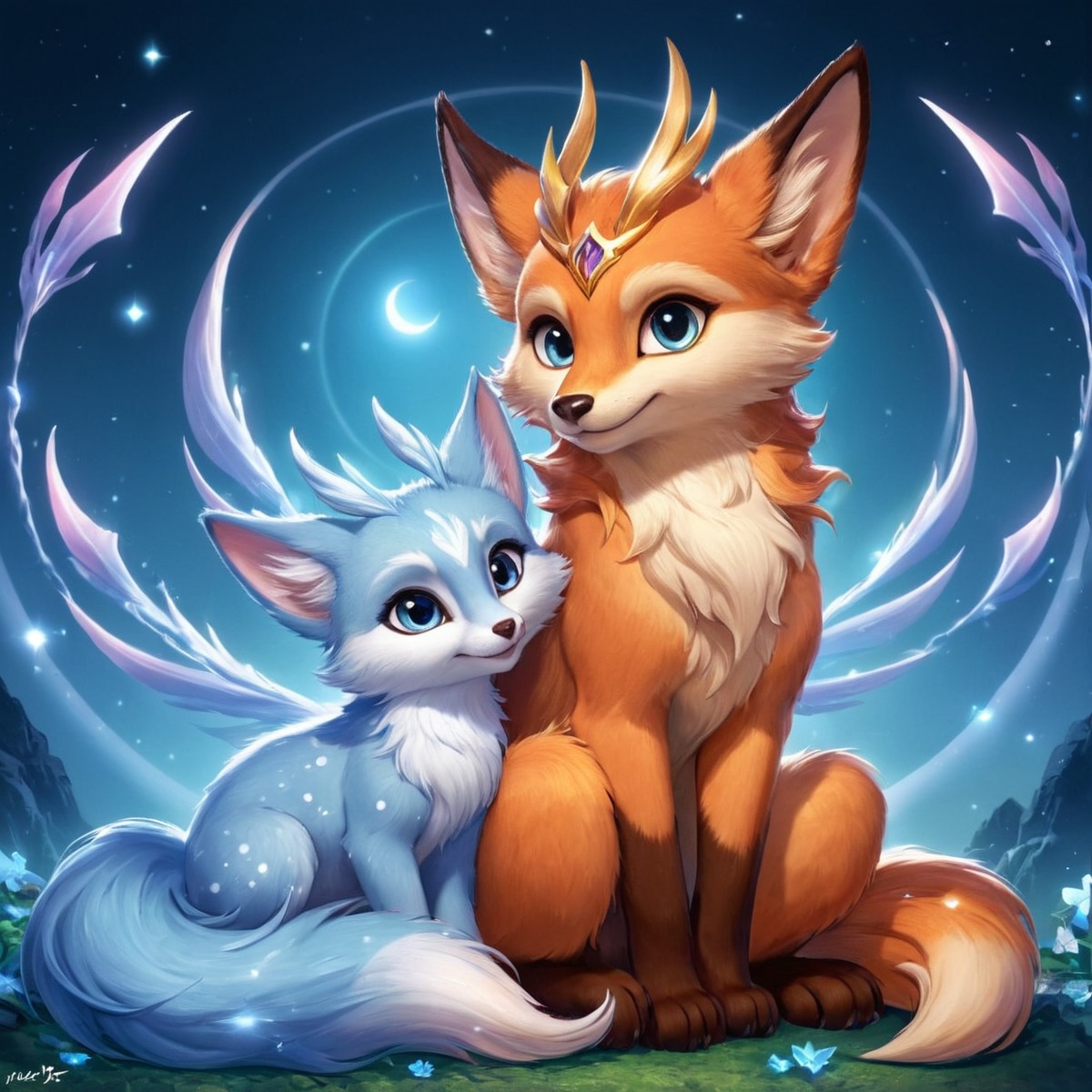 adoptable, fox, magic, bluefox, crescentmoon, fantasy, magical, magicalcreatures, nightsky, purpleeyes, sitting, stars, orangefox