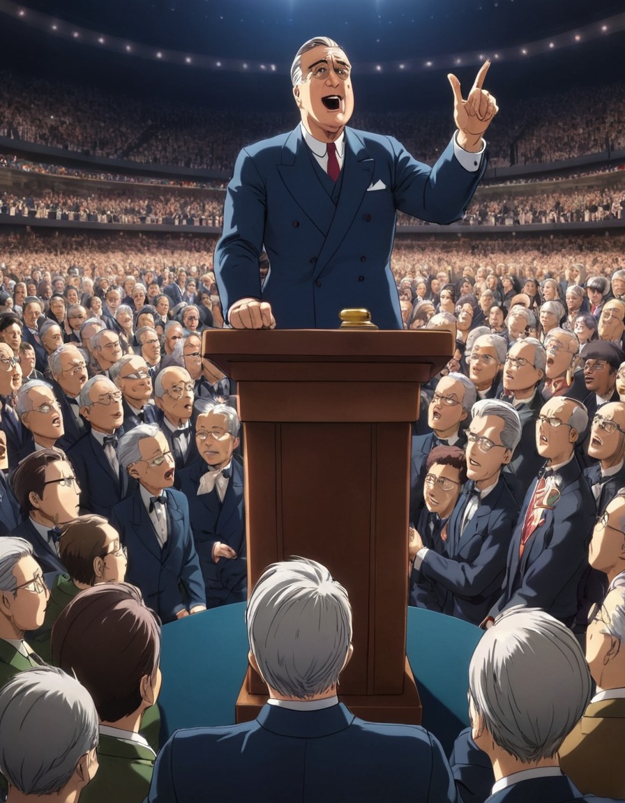 franklin d. roosevelt, president, speech, crowd, politics, leadership, historical event, anime