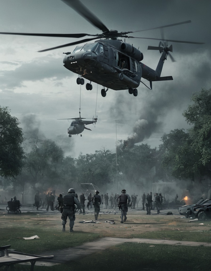 helicopter, military, evacuation, city park, injured civilians, war, usa