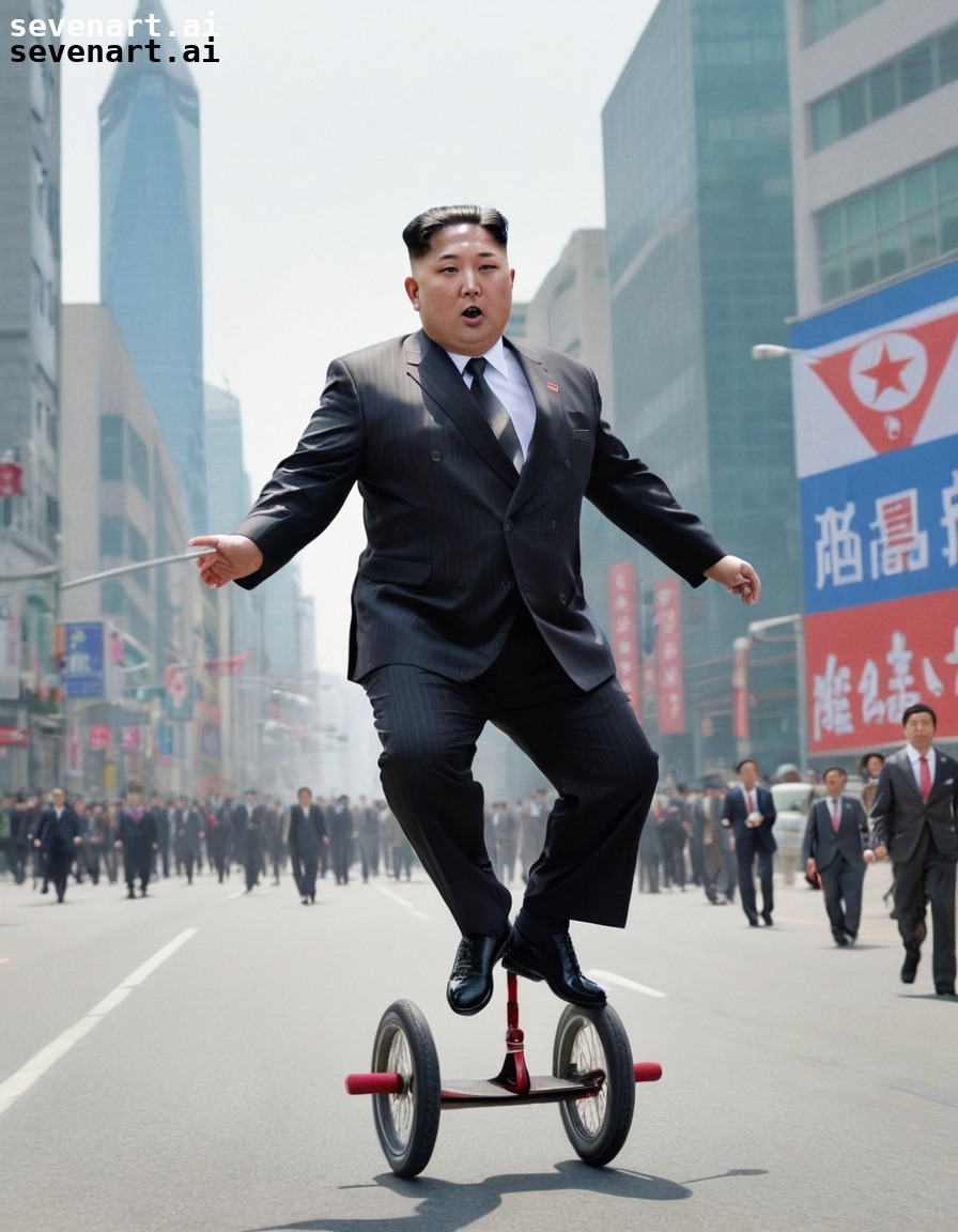 kim jong-un, unicycle, city, traffic, narrow escape, north korea