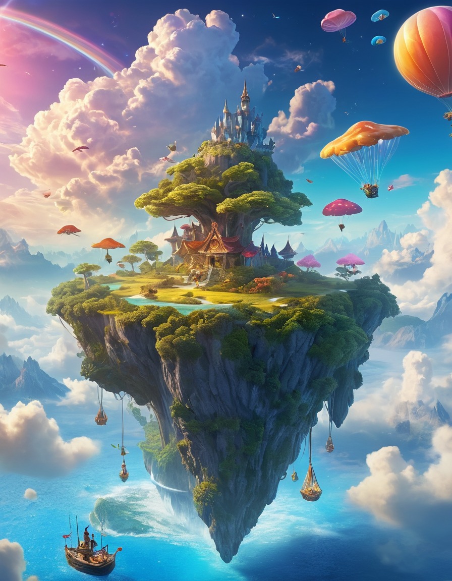 floating island, fluffy clouds, colorful, flying creatures, fantastic