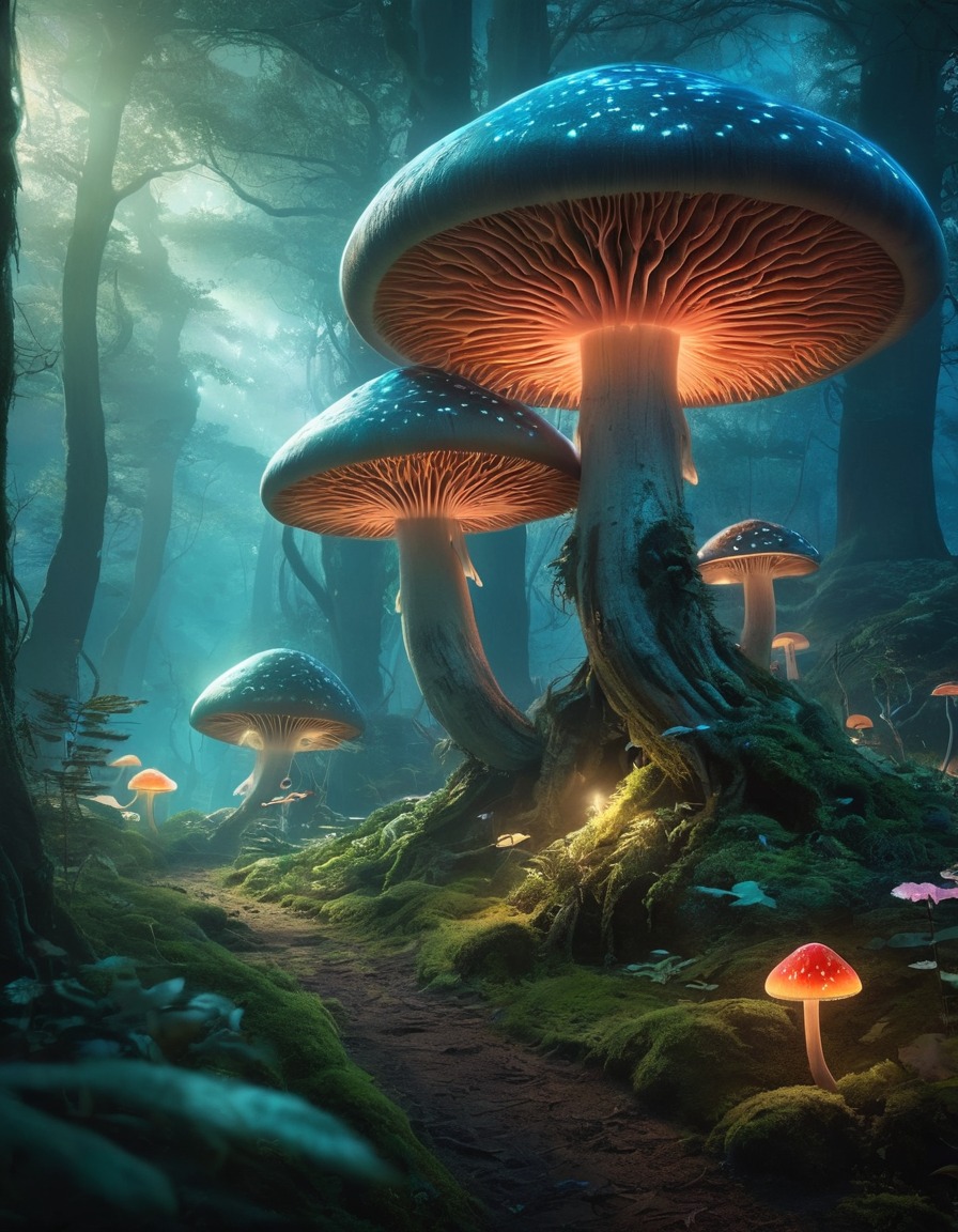 alien, forest, glowing mushrooms, ethereal creatures, fantasy, surreal, otherworldly, extraterrestrial, aliens