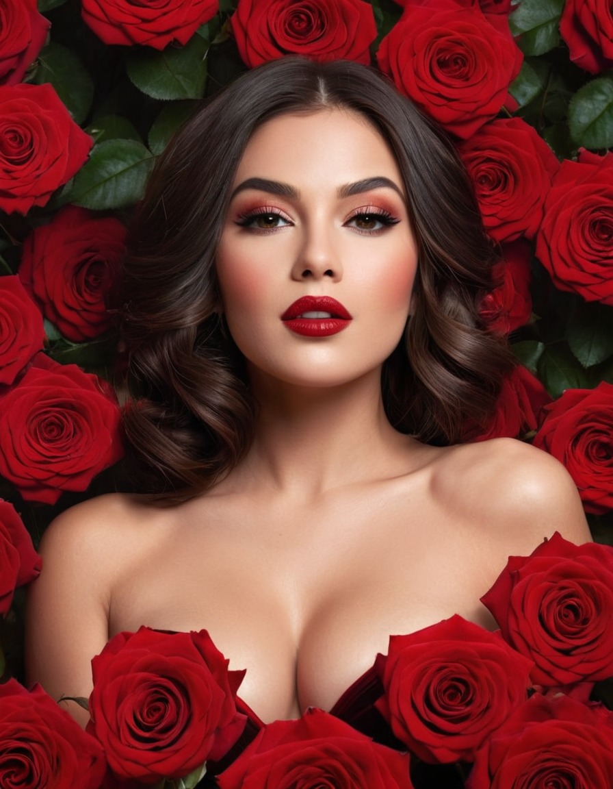 femme fatale, seductive, roses, red, beauty, glamour, woman