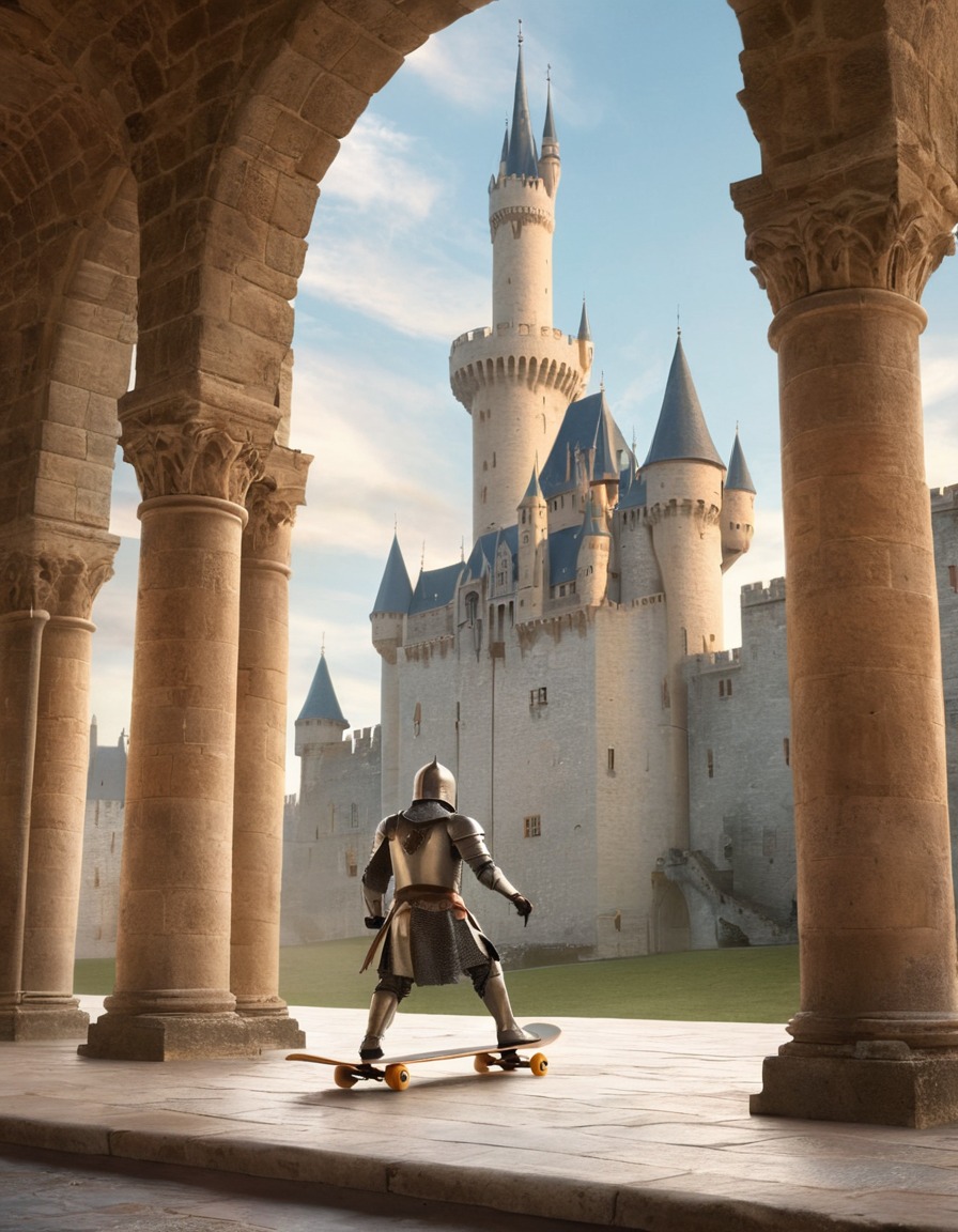 knight, skateboard, castle, courtyard, medieval, art