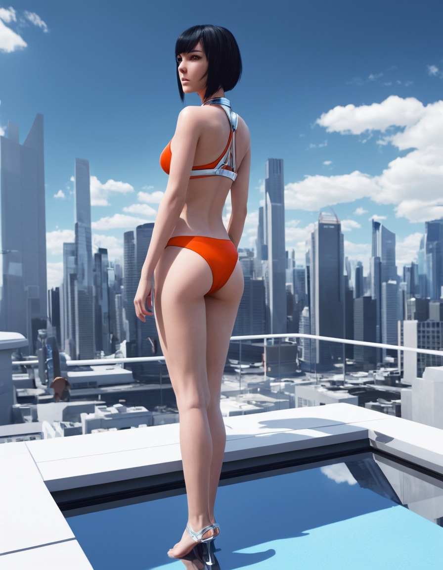 futuristic, rooftop, mirror's edge, faith connors, bikini, games, girls from games