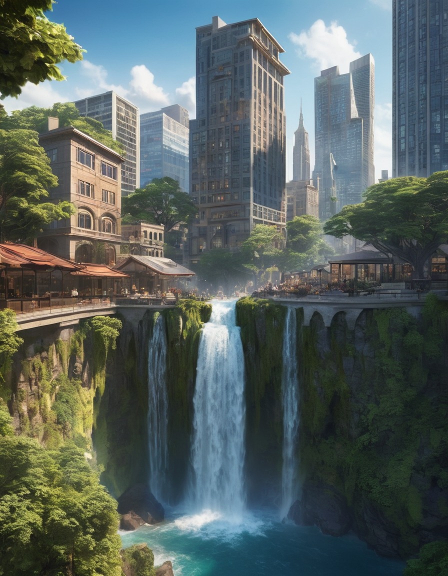 waterfall, cityscape, nature, urbanization, city