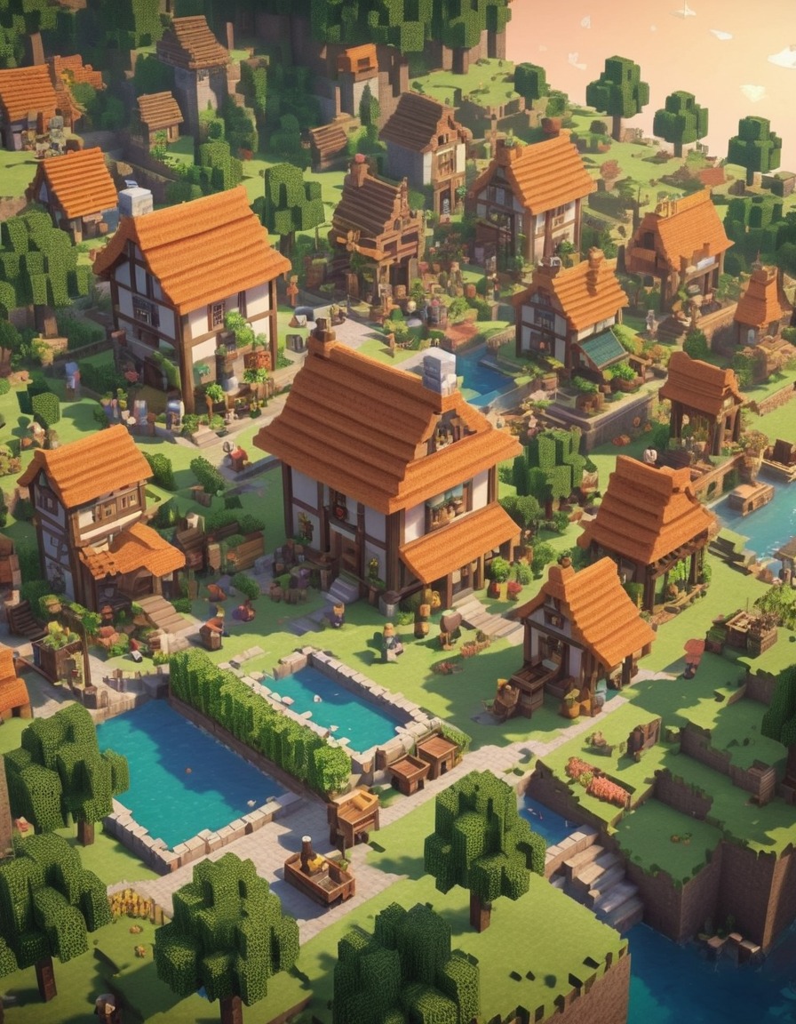 minecraft, village, villagers, daily activities, building, gaming, computer games