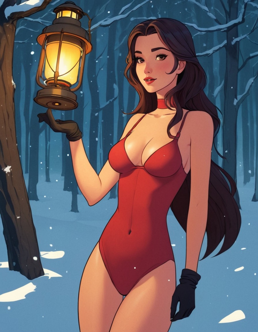 winter, forest, lantern, girl, beauty