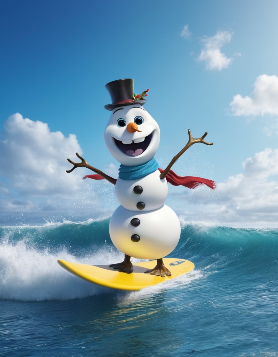 snowman, surfing, ocean, unusual, winter, fun, nature