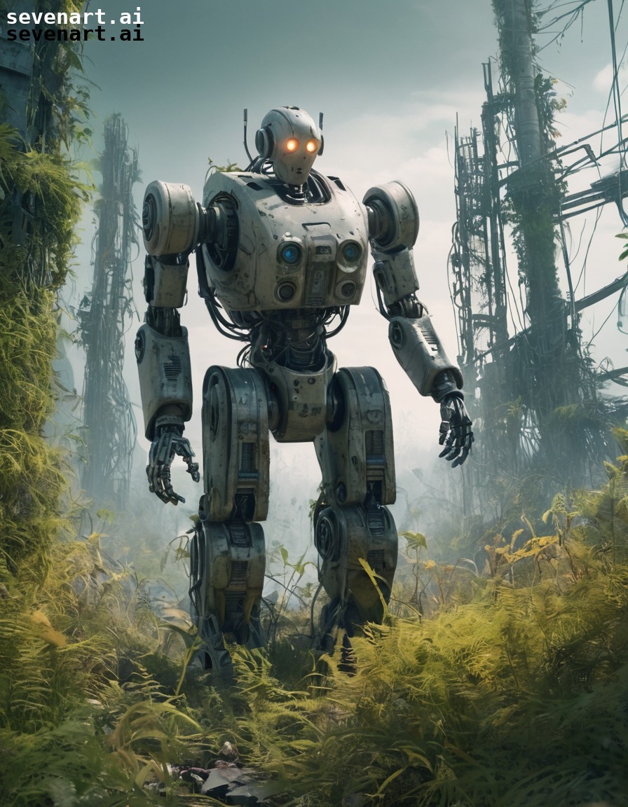 robot, post-apocalyptic, exploration, nature, sci-fi, robots