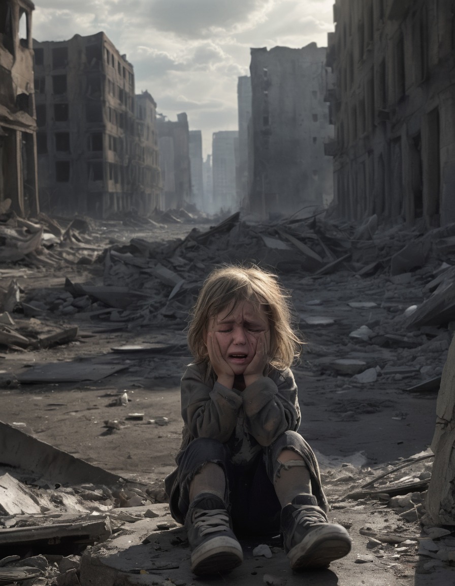 child, crying, ruins, us city, conflict, war, usa