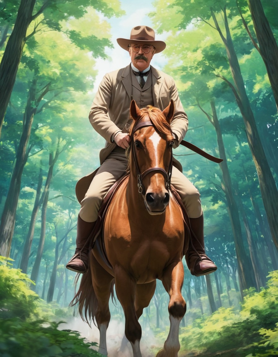 theodore roosevelt, horseback riding, forest, illustration, anime