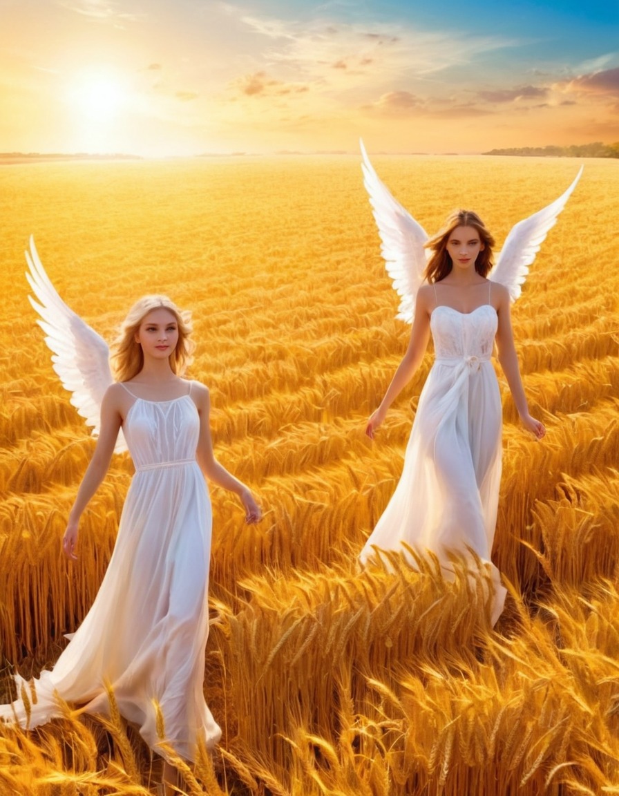 heaven, angels, golden wheat fields, religious, divine beings, afterlife, eternal peace