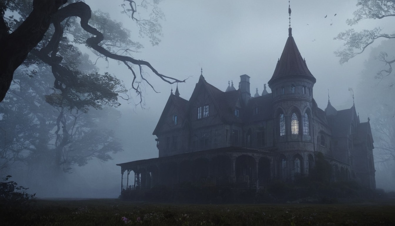 horror, architecture, gothic, creepy, ghost, spooky, fog, dreamup, digitalart, vintage, manor, mist, hauntingseason, ai_art