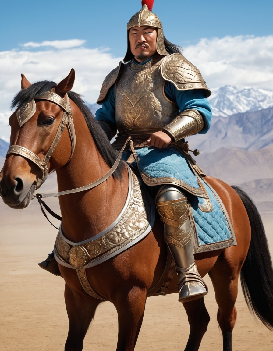 genghis khan, cartoon, oversized armor, small horse, caricature, funny