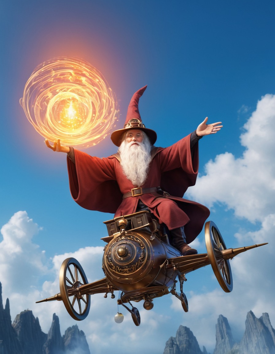 wizard, high-tech, flying machine, magic, fantasy, medieval, art