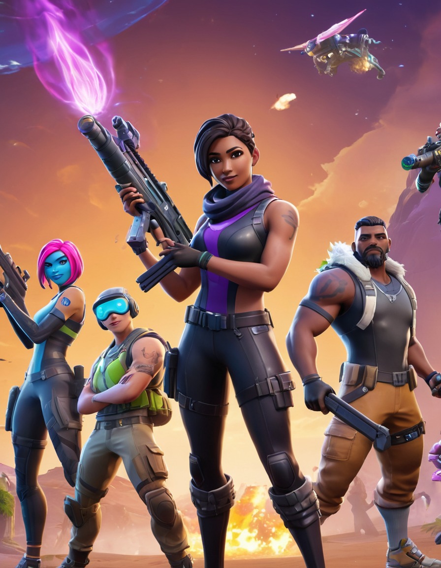 fortnite, video game, diverse characters, action poses, computer games