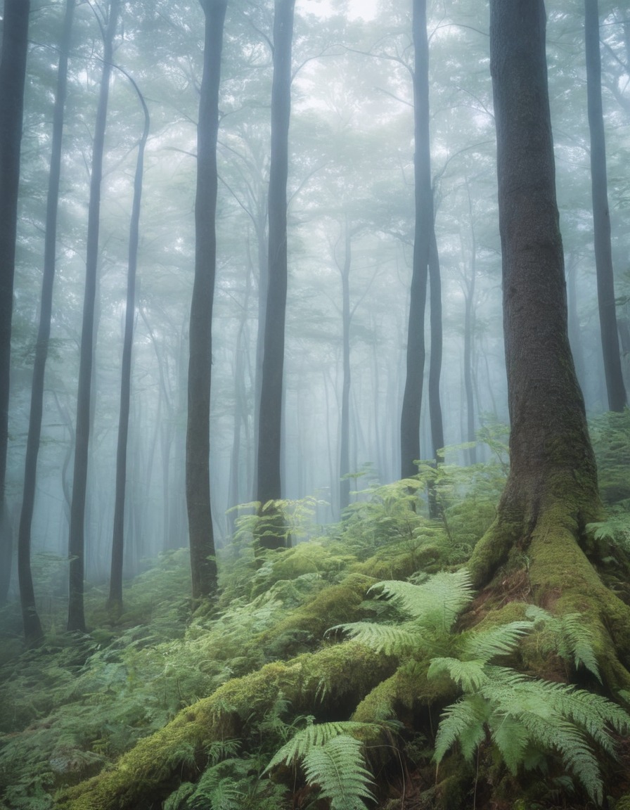 forest, misty, pastel colors, nature, serene