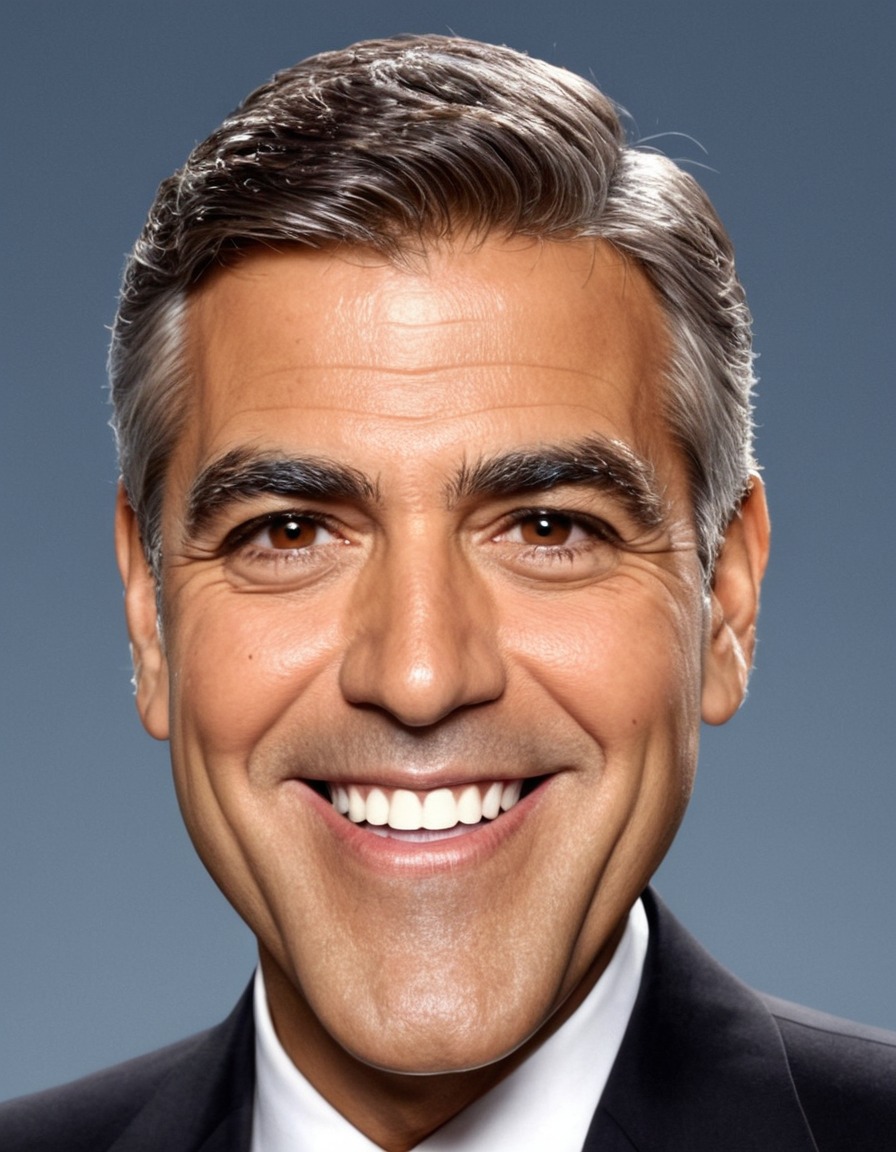 george clooney, caricature, big head, crazy smile, actor, hollywood, satire