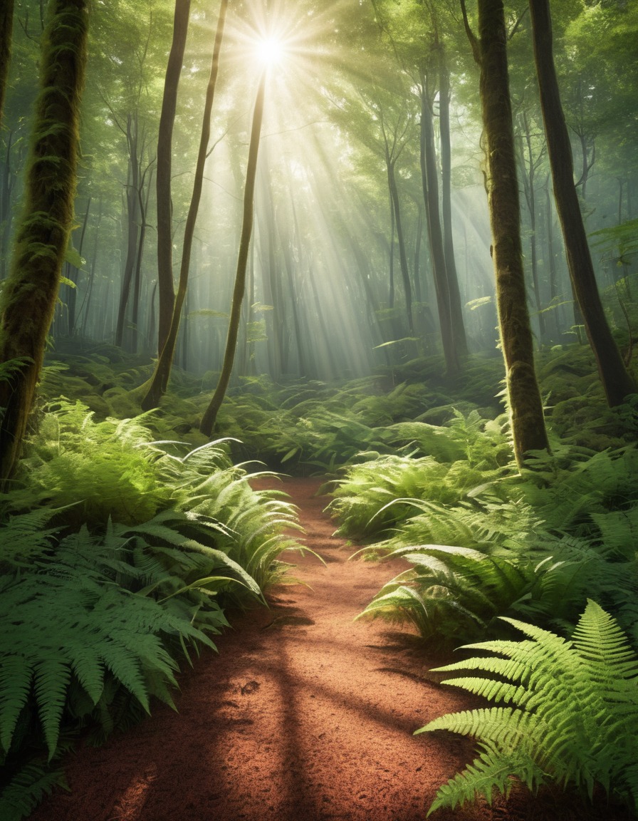 forest, sunlight, canopy, ferns, nature