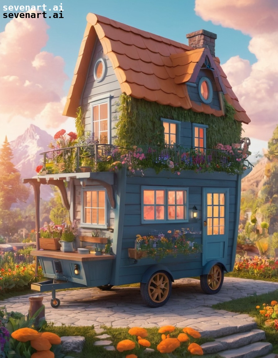 tiny house, storybook, garden, wheels, illustration, house, home