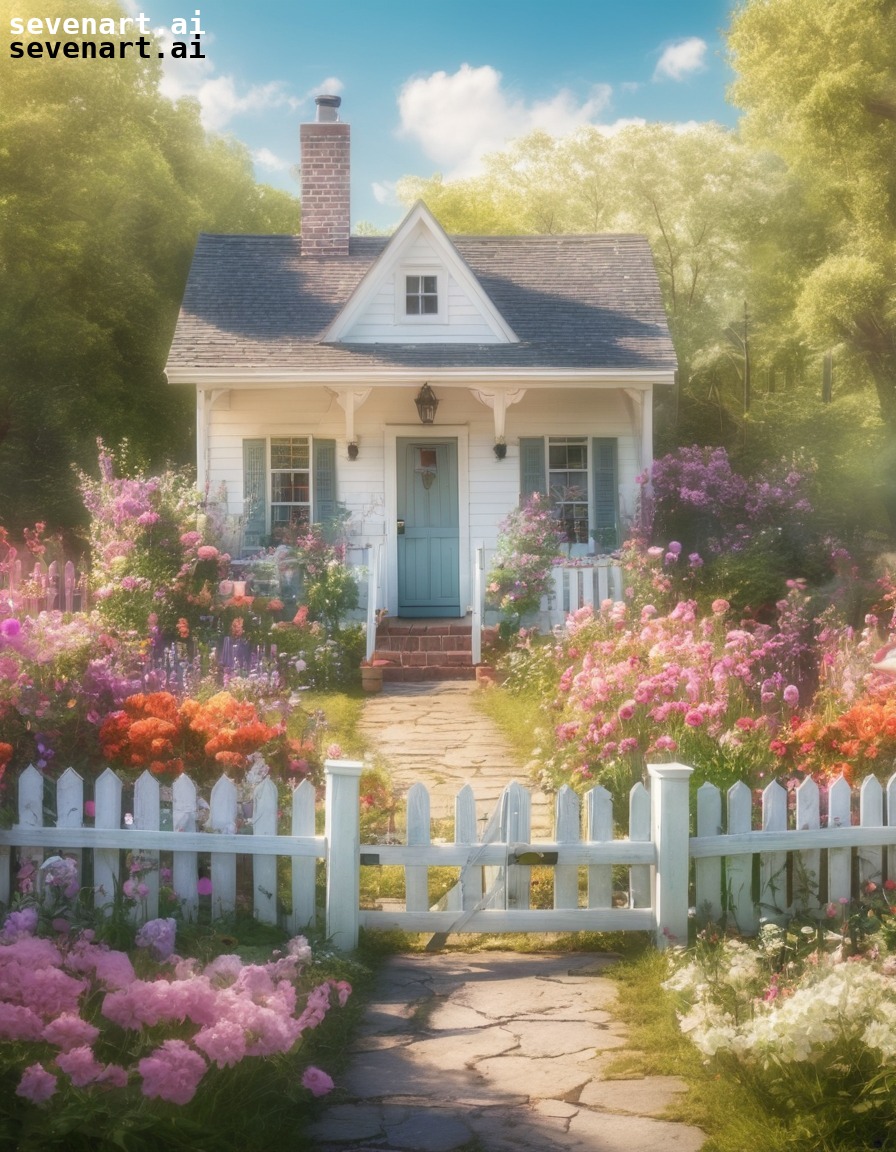 cottage, flowers, picket fence, quaint, garden, house, home