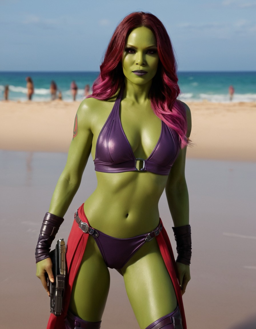 beach, gamora (guardians of the galaxy), guardians of the galaxy, swimsuit, relaxation, marvel, superhero