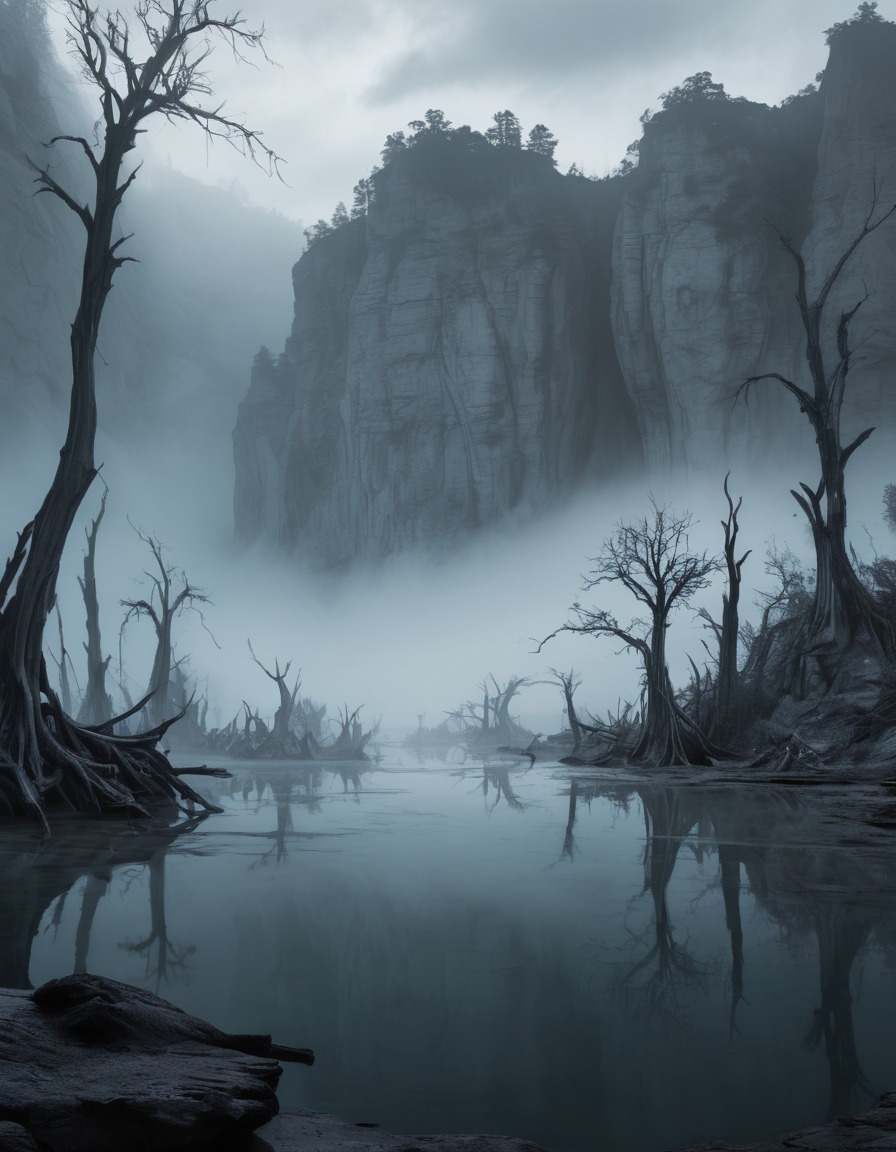 nature, mist, lake, trees, cliffs, gothic, underground, dark