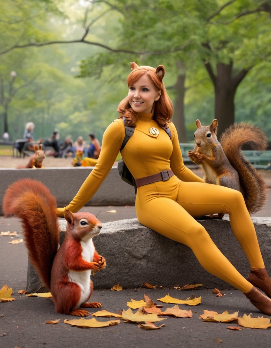 superhero, squirrel, central park, relaxation, friendship, superheroine, bikini