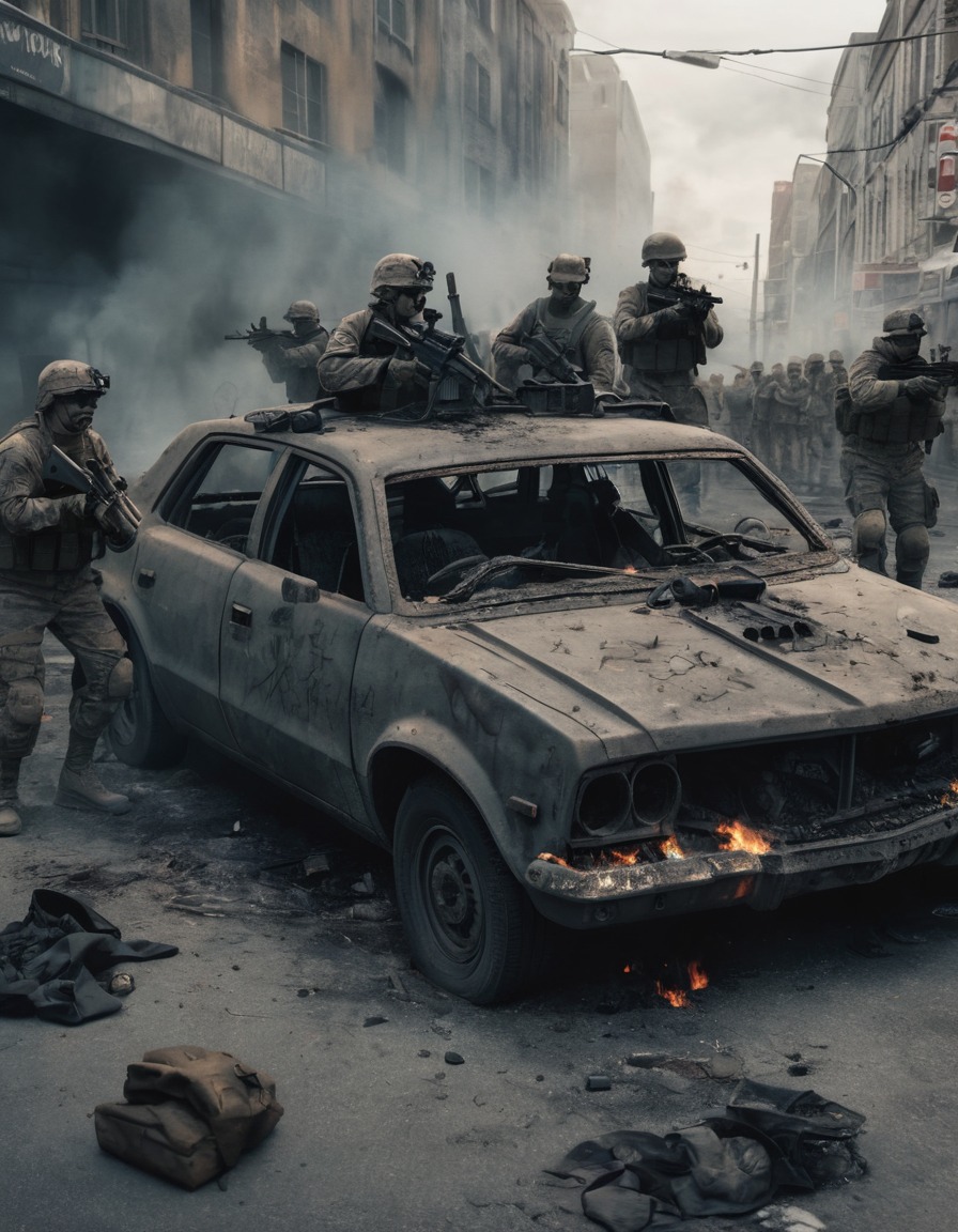 soldiers, military, war, urban warfare, burned-out car, city street, usa