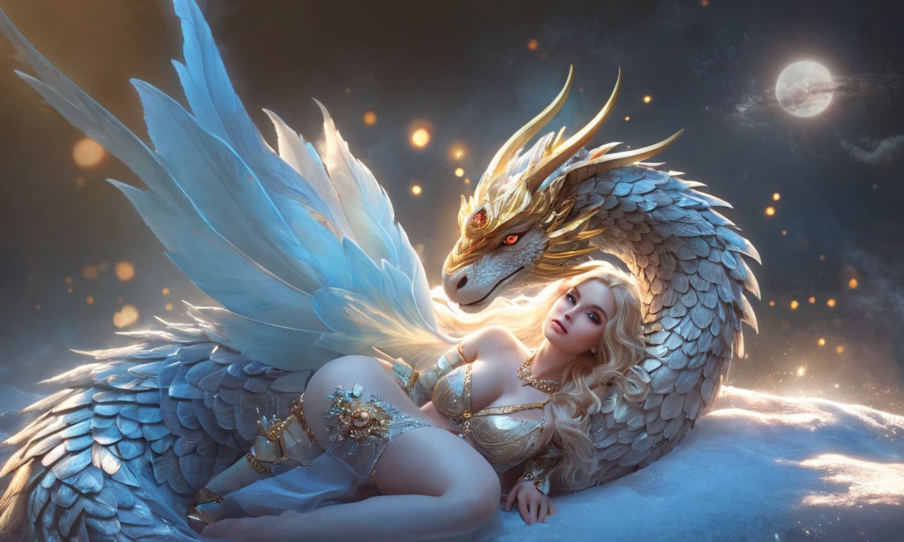 characterdesign, digitalart, dragon, fantasyart, magic, conceptart, crown, fantasy, fullmoon, night, peaceful, princess, protection, rest, sleepingbeauty, midjourney