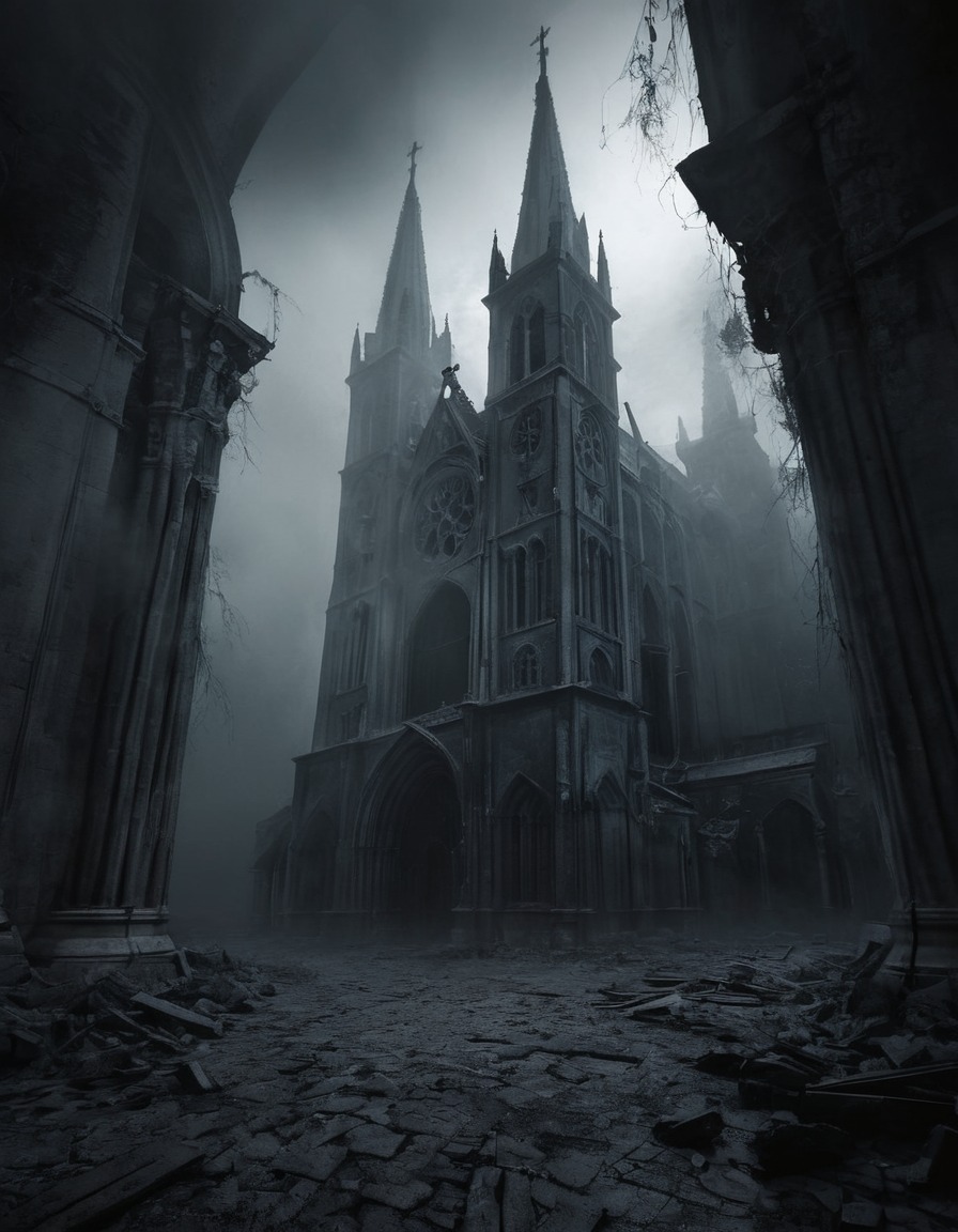 abandoned cathedral, shadows, eerie, mist, gothic, underground, dark