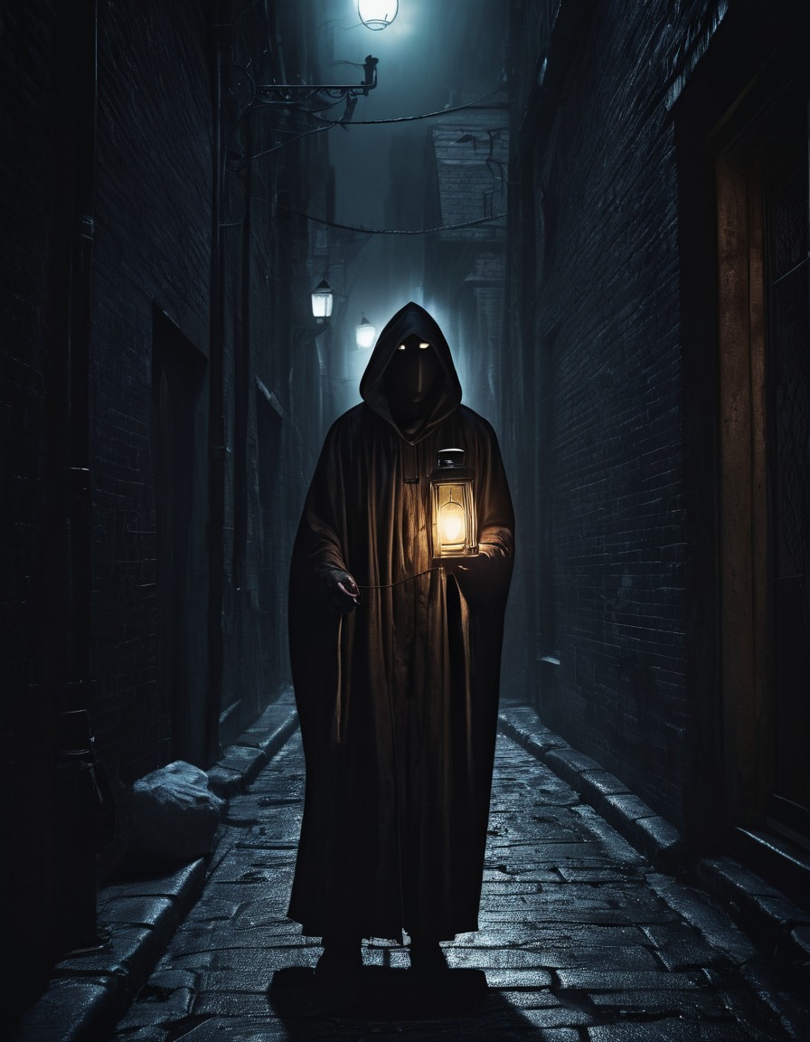 mysterious, cloaked figure, lantern, dimly lit, city alley, urban, nighttime, gothic, underground, dark