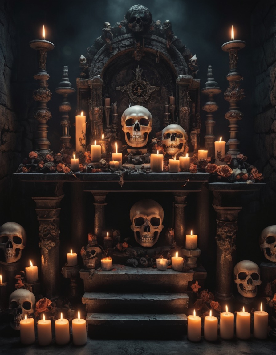 dark, creepy, macabre, altar, skulls, candles, ritual, gothic, underground