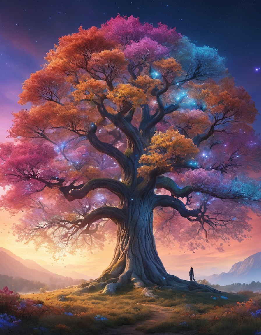 nature, fantasy, majestic tree, iridescent leaves, colorful creatures, fantastic