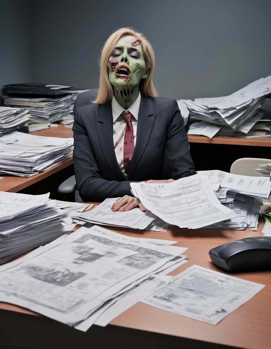 zombie, office worker, falling asleep, paperwork, workaholic