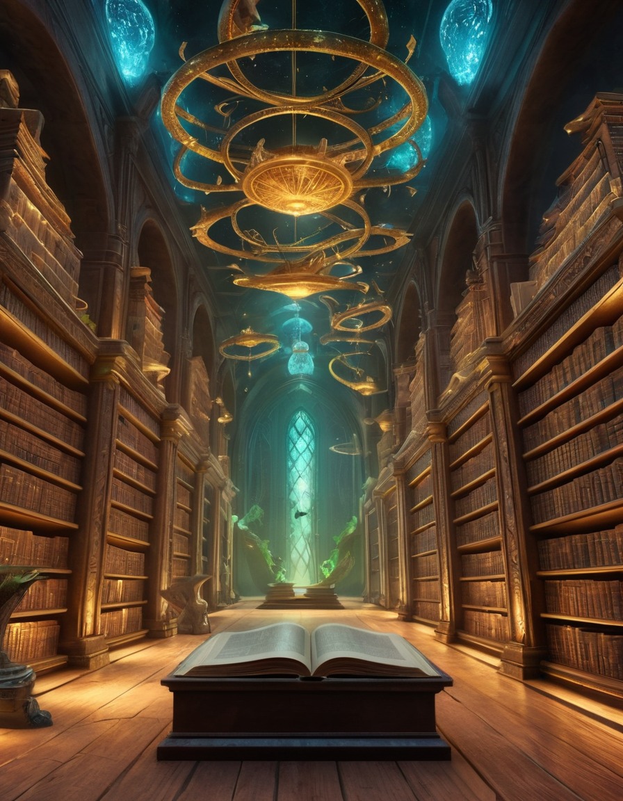 alien, library, glowing books, floating books, ancient knowledge, extraterrestrial, aliens