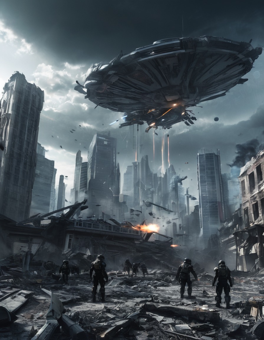 futuristic, urban, ruins, alien technology, energy weapons, aliens, three body problem, trisolaran