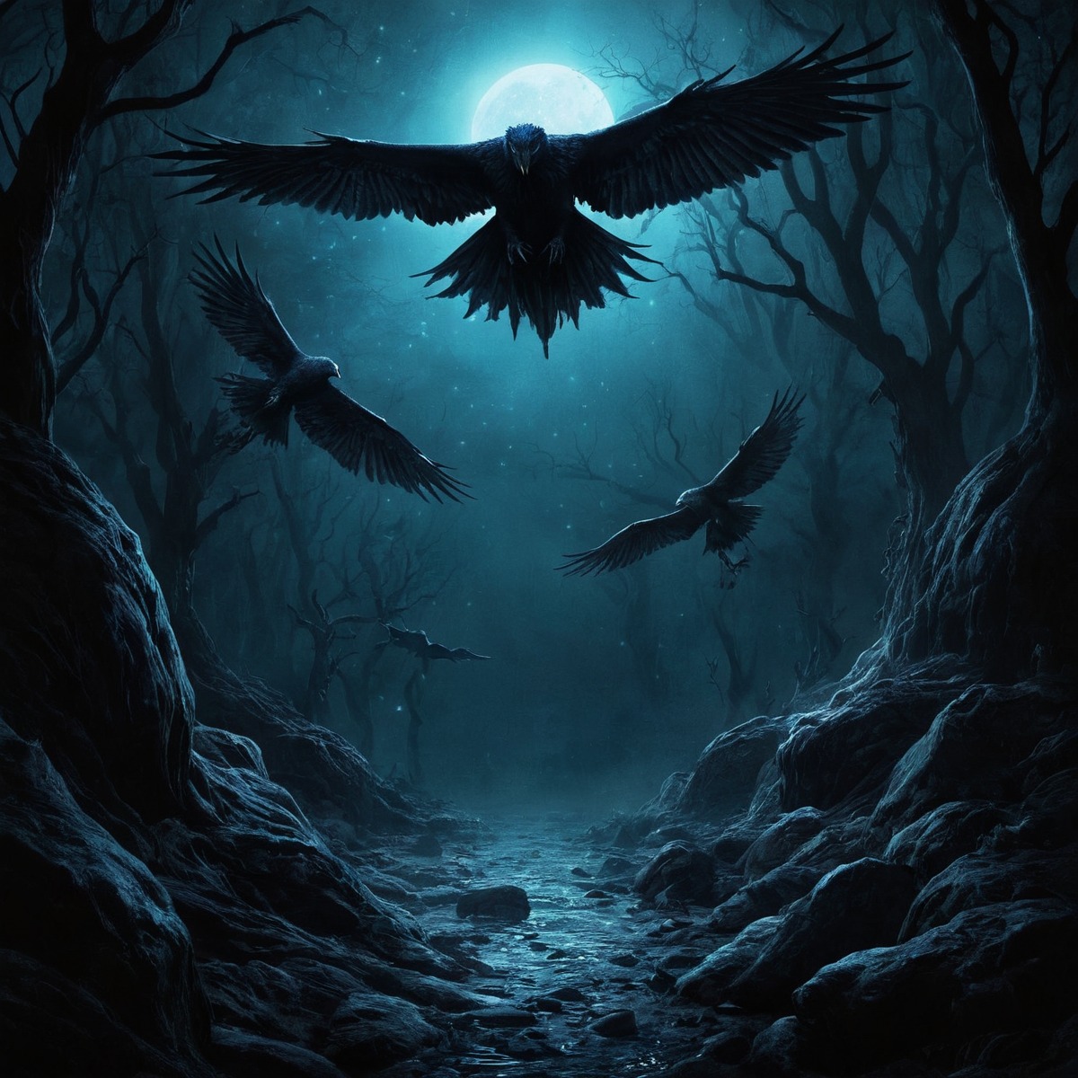 digitalart, magic, fantasyart, forest, bird, crows, ravens