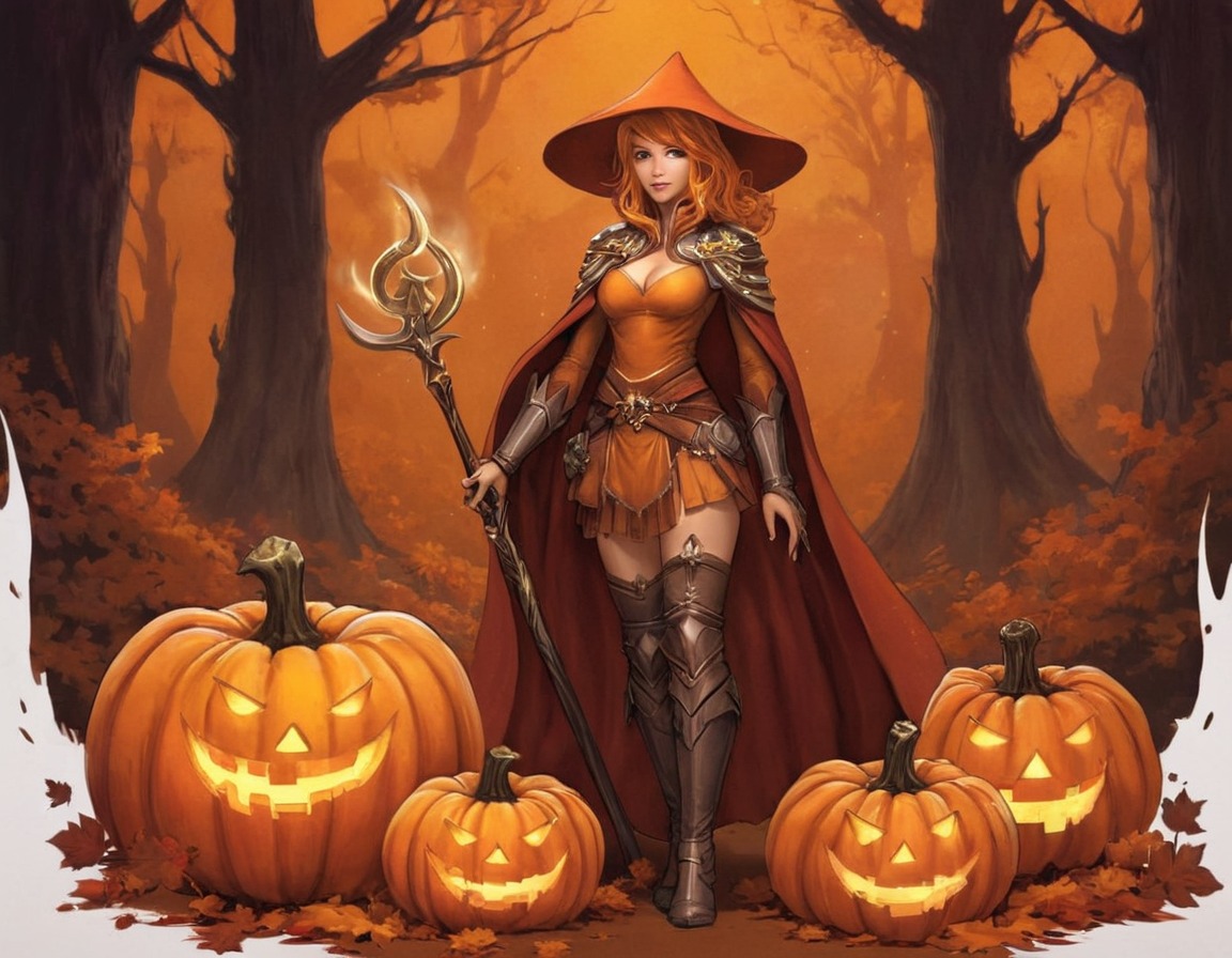 videogamefanart, magic, witch, halloween, dreamup, fantasycharacter, warrior, fantasyart, sorceress, spooky, pumpkinspice, ai_art