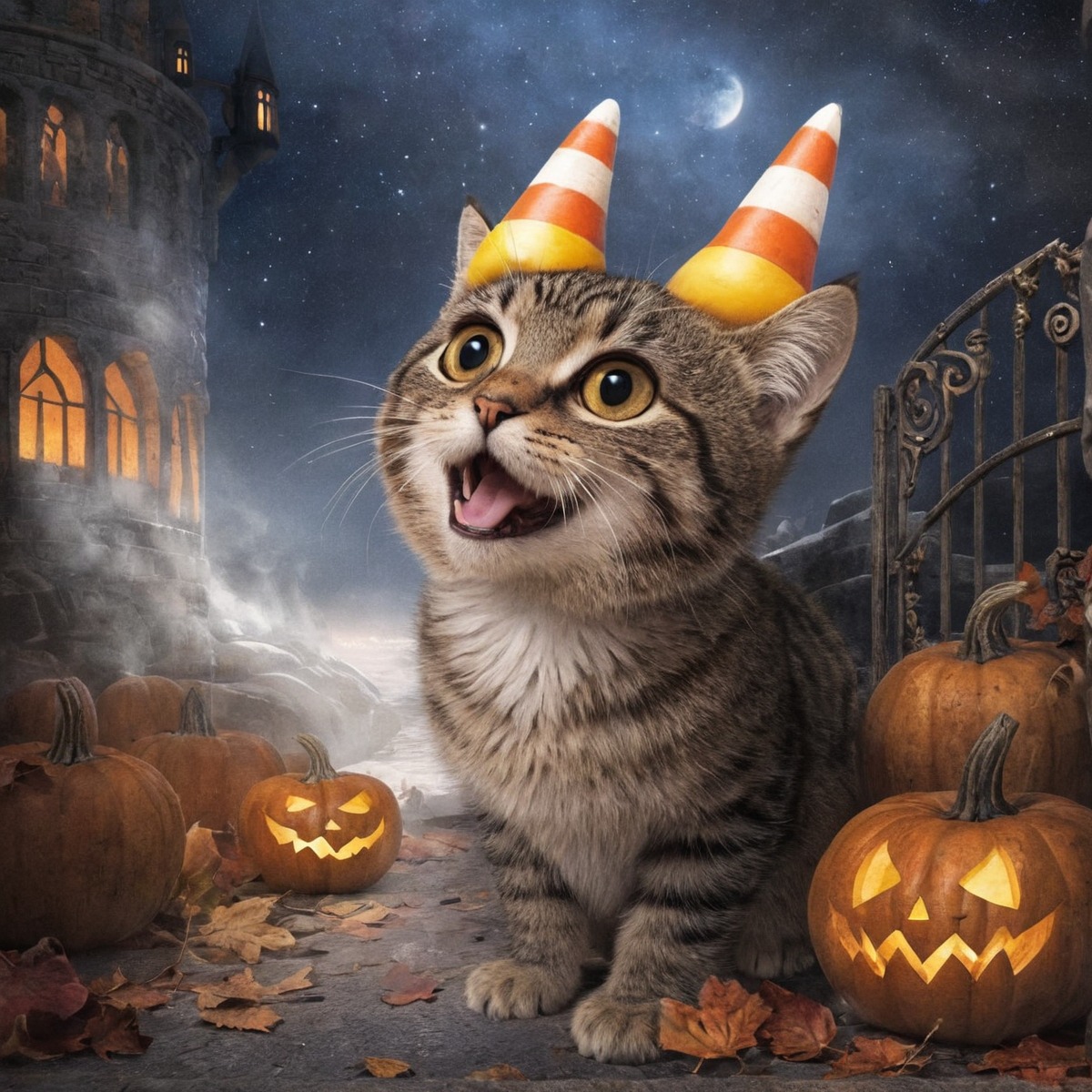 cat, kitty, halloween, digitalart, feline, animal, candycorn, pumpkin, pumpkinhalloween, dailychallenge, aiartcommunity, midjourney, midjourneyai, midjourneyart, midjourneyartwork, midjourneyaiart, midjourneycommunity