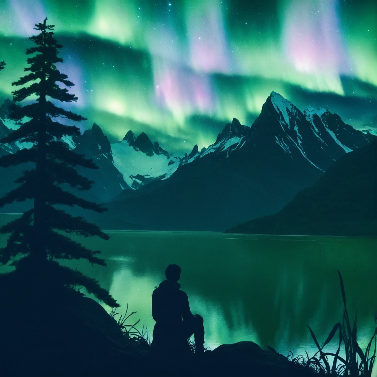 auroraborealis, digitalart, digitalartwork, digitalpainting, landscape, mountainscape, northernlights, scenery, linelessart, linelessstyle, linelessdigital