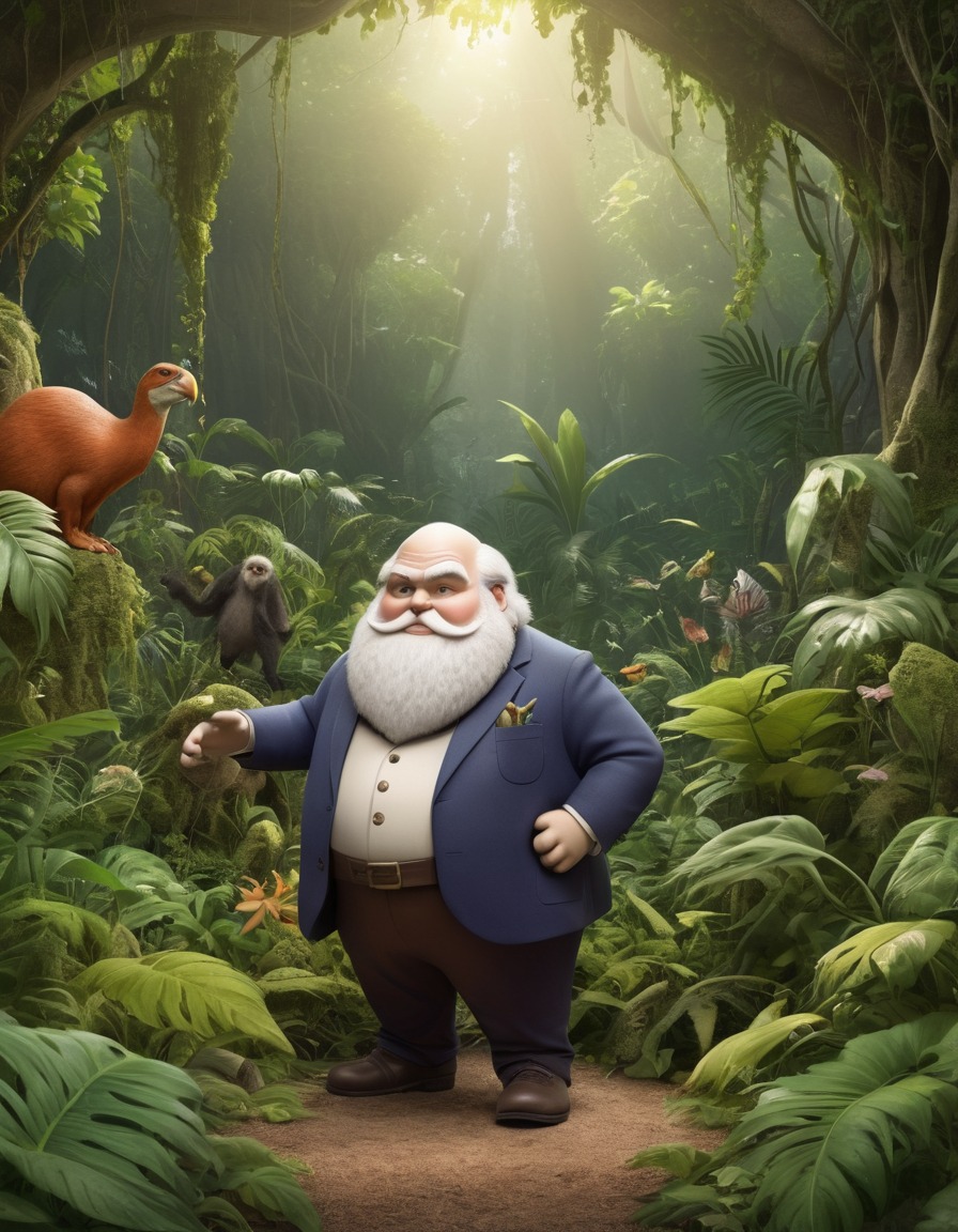 charles darwin, cartoon, humor, jungle, plants, fat