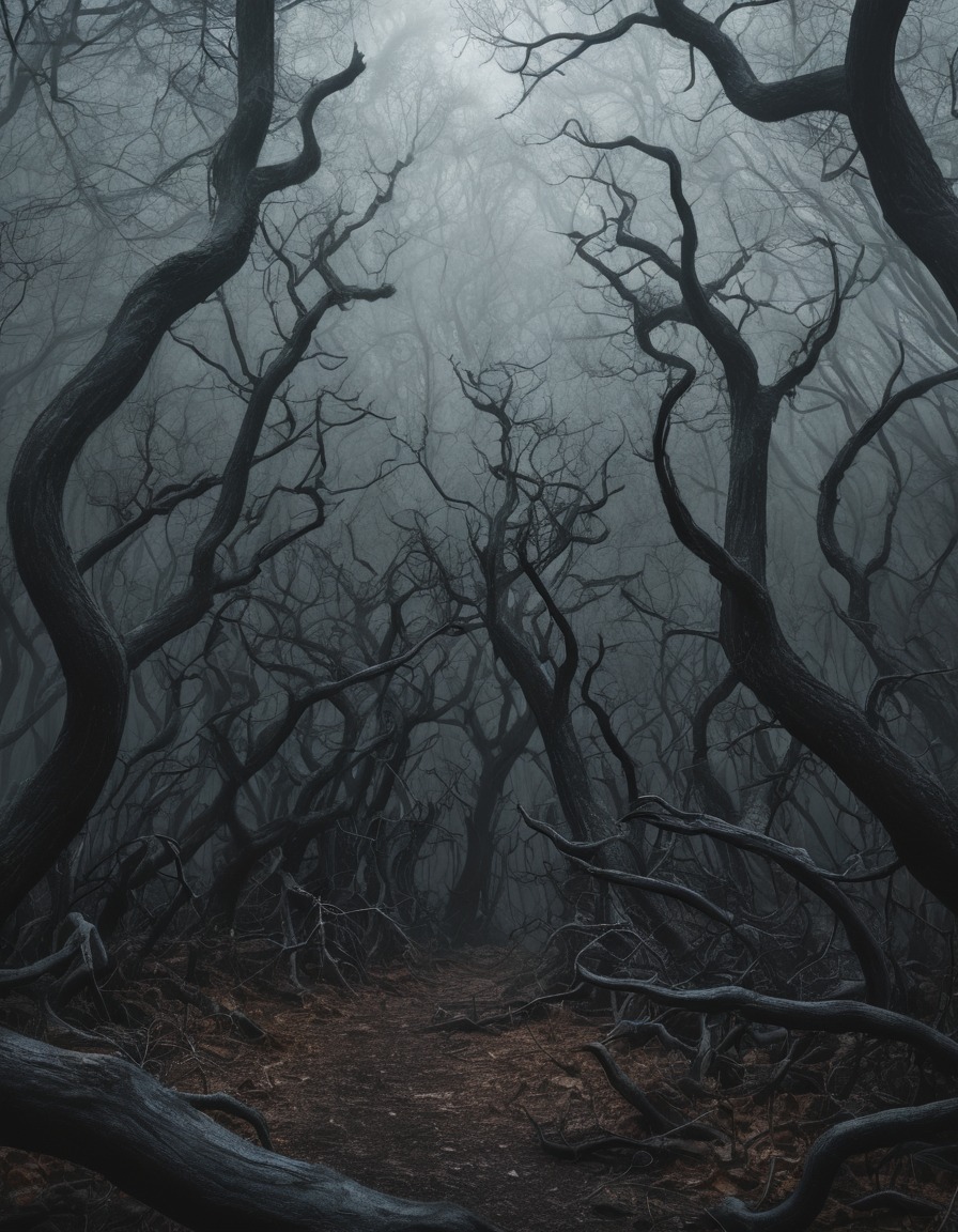 dark, foggy, forest, gnarled branches, nature, spooky, gothic, underground