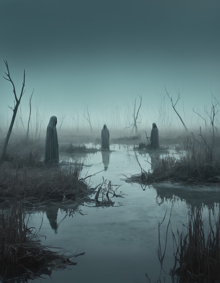 eerie, dead marshes, ghostly figures, mist, supernatural, john tolkien, tolkien